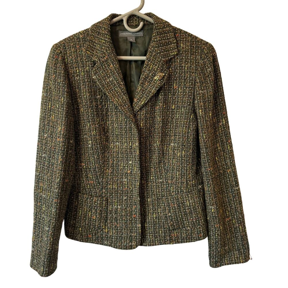 Josephine Chaus Tweed Green Wool Blend Elegant Flower Pin Jacket Preppy 10